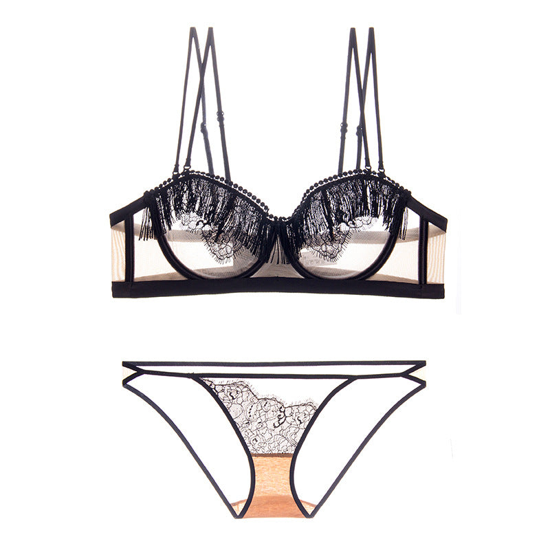 Image of Southeast Asia cross-border fringe half cup underwear women's ultra-thin cup big breasts show small transparent mesh sex interesting bra